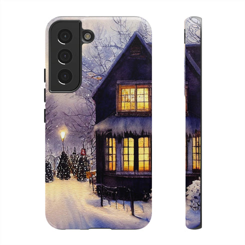 Glowing Homes in the Snow with Christmas Decorations - Impact Resistant Phone Case Samsung Galaxy S22 Glossy